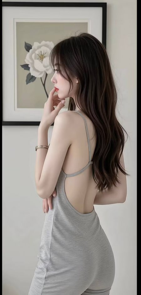 穿灰色露背裙女生侧身写真人物手机壁纸