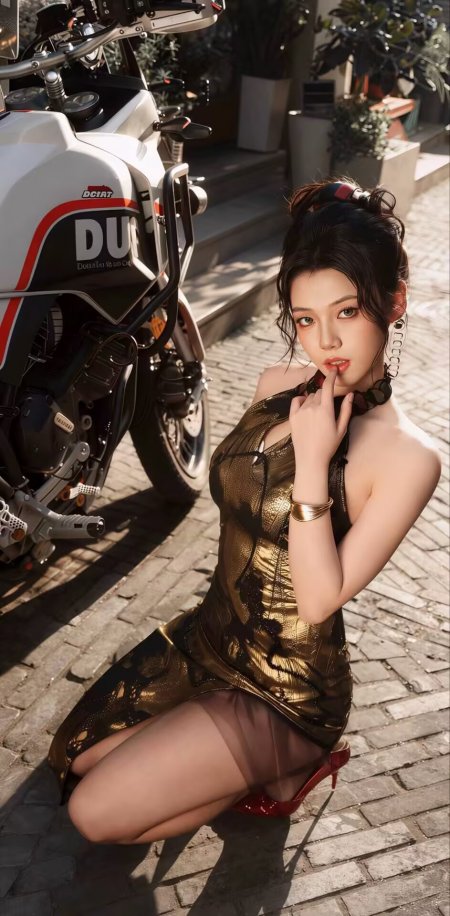 金色连衣裙美女蹲姿摩托车旁性感人物手机壁纸