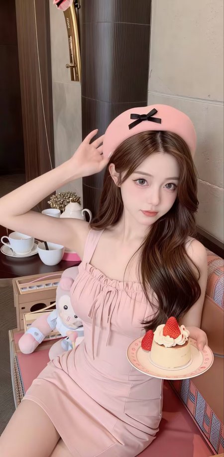 粉裙贝雷帽少女捧草莓蛋糕甜美手机壁纸