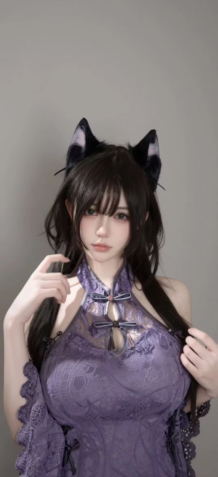 猫耳紫裙美女蕾丝旗袍性感写真手机壁纸