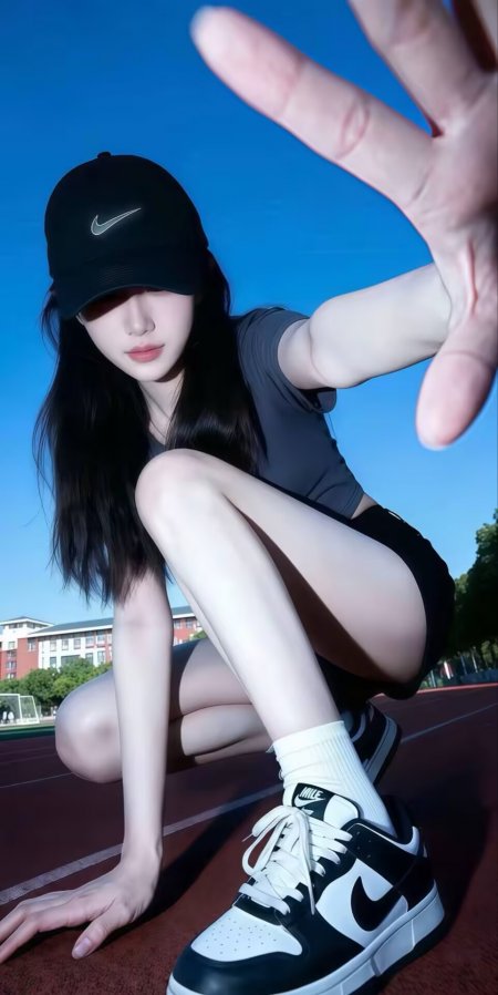 耐克帽运动少女跑道蹲姿酷飒手机壁纸