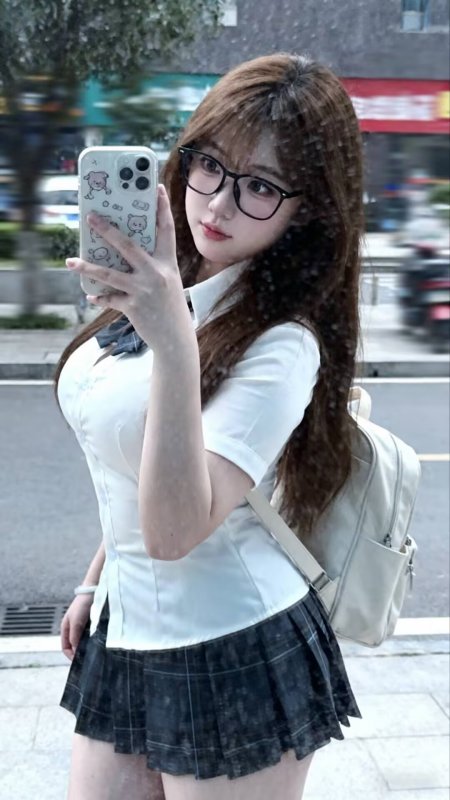 白衬衫格子裙戴眼镜少女街边自拍青春手机壁纸
