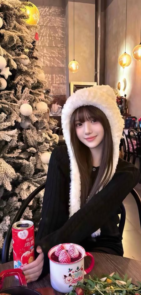 圣诞树旁女生持饮料可爱造型人物手机壁纸