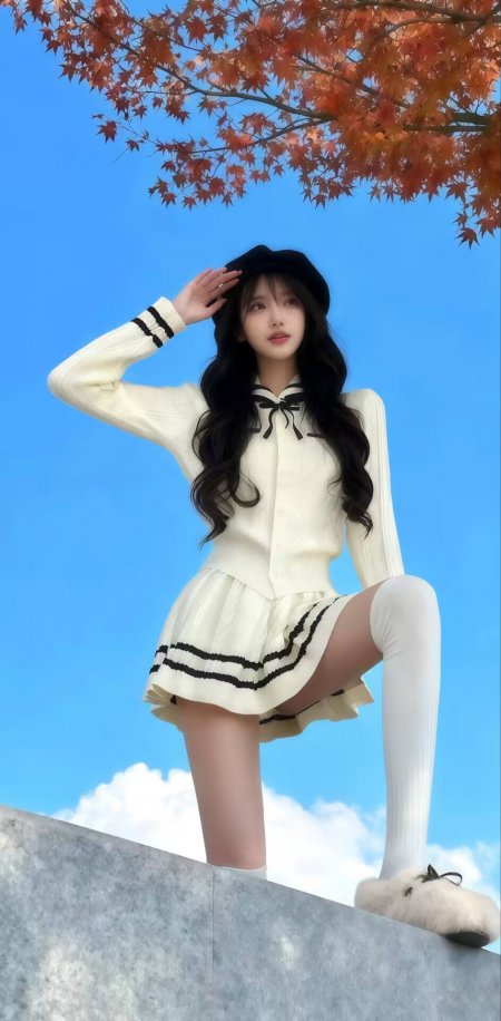 米白针织裙少女枫树下回眸秋日手机壁纸