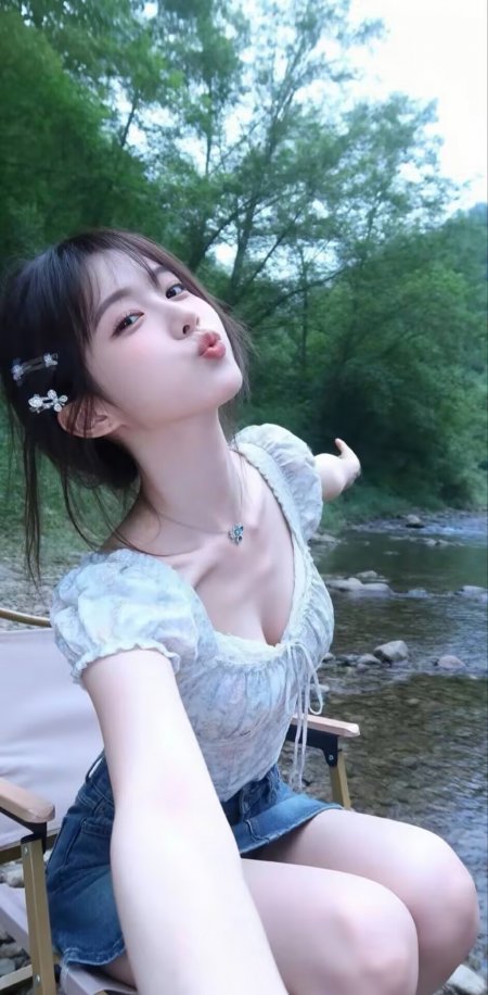 溪边蓝衣少女嘟嘴自拍清新户外人物手机壁纸