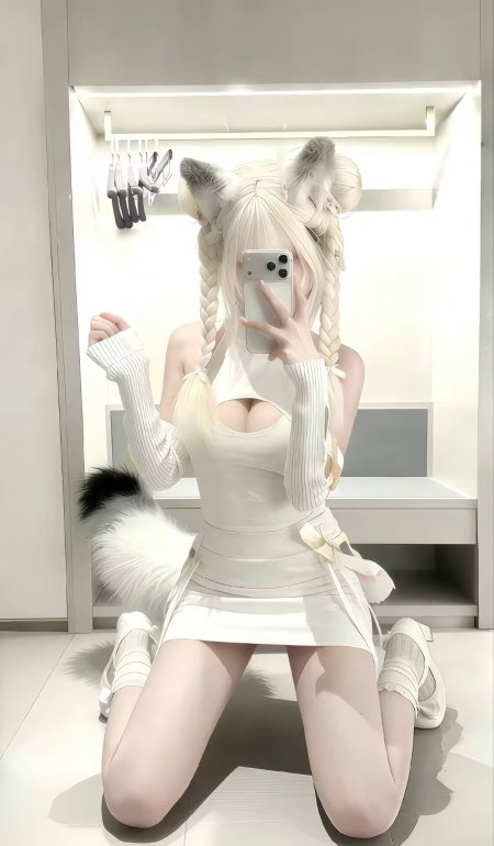 白裙猫耳女生镜前自拍人物手机壁纸