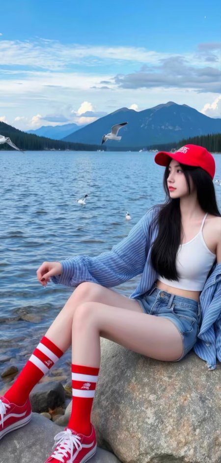 红帽女性湖边岩石坐姿休闲造型人物手机壁纸