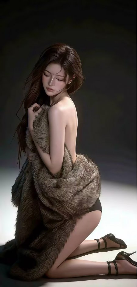 棕色毛绒外套露背美女跪姿优雅性感人物手机壁纸