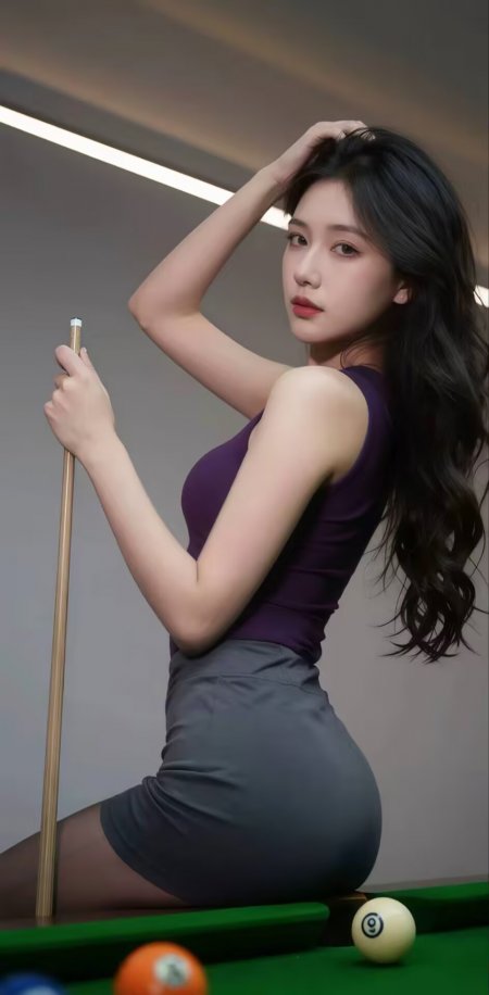 紫上衣灰短裙少女台球桌边性感手机壁纸