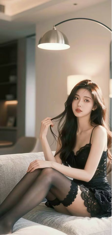 黑衣美女沙发坐姿蕾丝裙人物手机壁纸