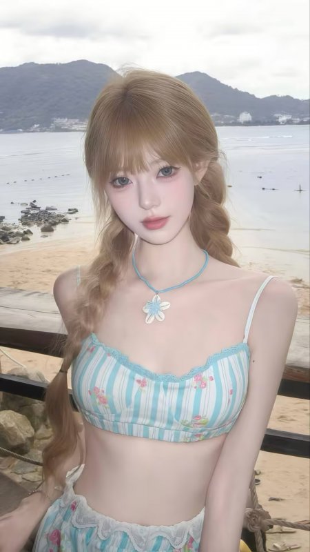 海边金发双马尾女生甜美写真人物手机壁纸