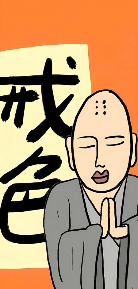 卡通和尚闭眼合十戒色主题创意手机壁纸
