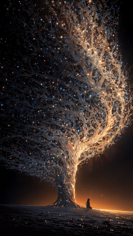 发光树下人物剪影梦幻风景手机壁纸