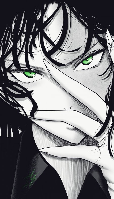 绿眸黑发角色遮面动漫手机壁纸