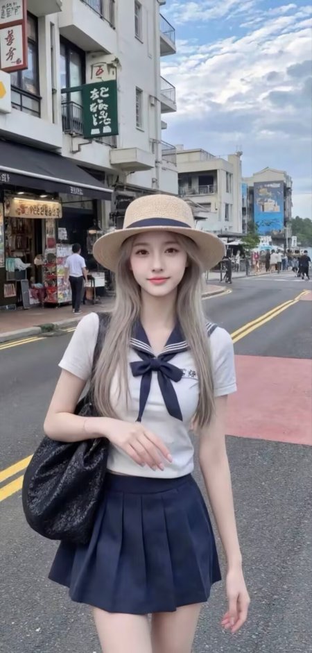 水手服女生草帽街拍人物手机壁纸