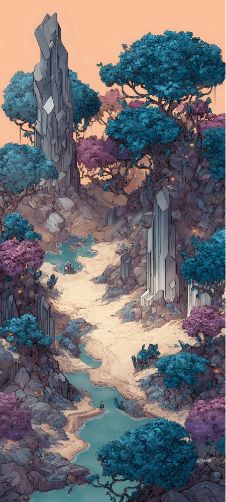 奇幻峡谷蓝紫树木溪流插画风景手机壁纸