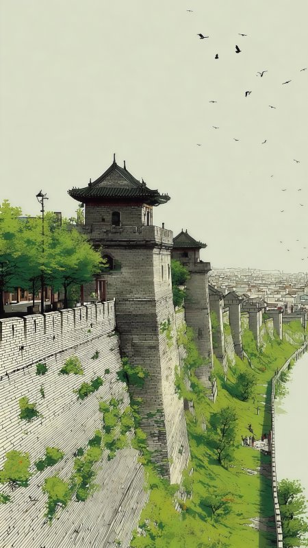 古风城墙绿树飞鸟写意动漫插画手机壁纸