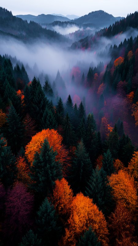 秋日森林云雾缭绕层林尽染风景手机壁纸