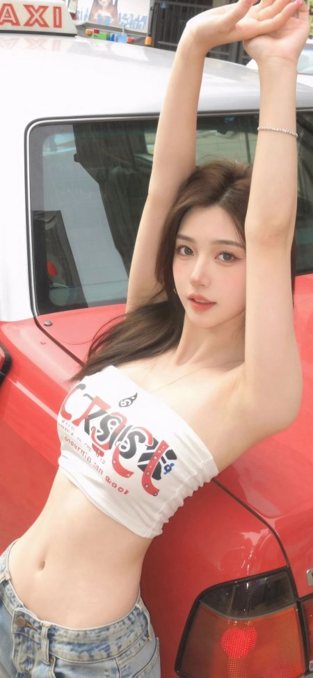 红车旁白抹胸少女伸展活力街拍手机壁纸