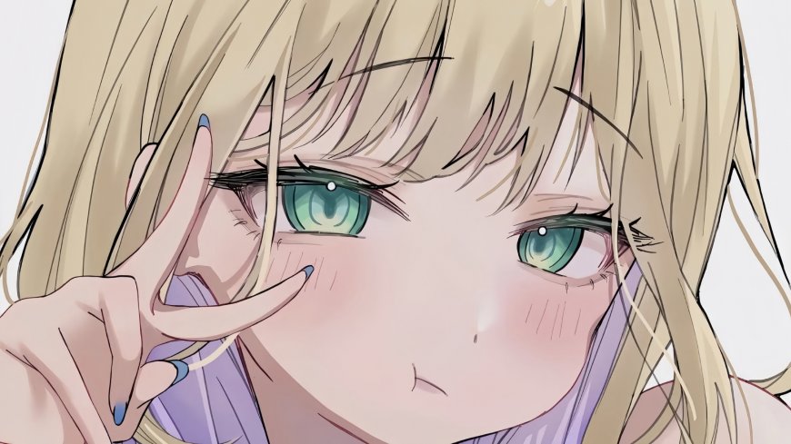 金发绿眸少女比耶动漫电脑壁纸