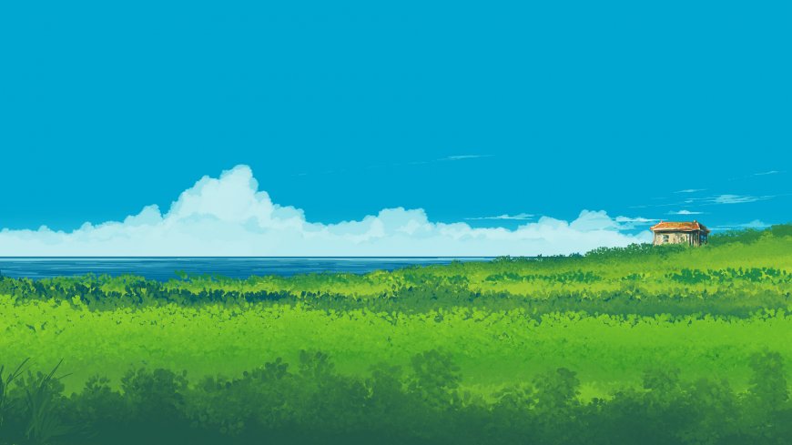 海边草地小屋插画风格治愈系清新风景电脑壁纸