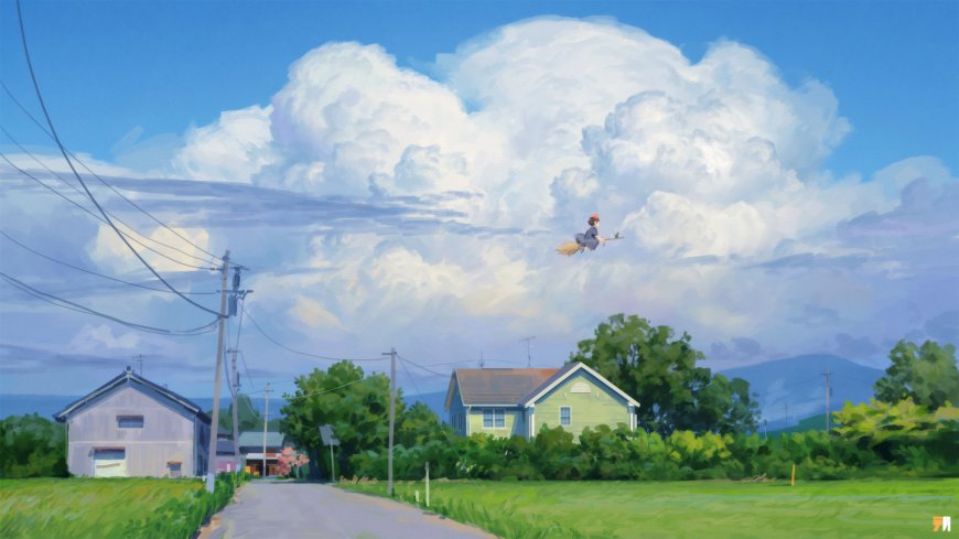 魔女宅急便琪琪骑扫帚乡村飞行吉卜力宫崎骏动漫电脑壁纸