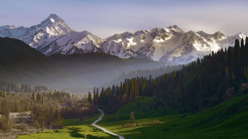 新疆伊犁雪山草原公路风景电脑壁纸