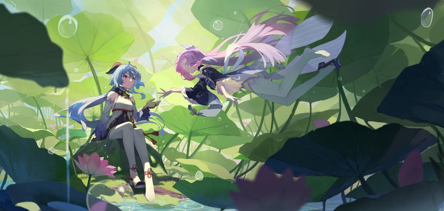 原神甘雨与珊瑚宫心海荷塘共赏风景动漫电脑壁纸