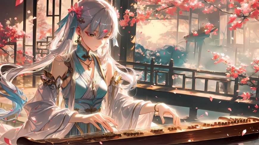 鸣潮今汐抚琴樱花盛开古风人物电脑壁纸