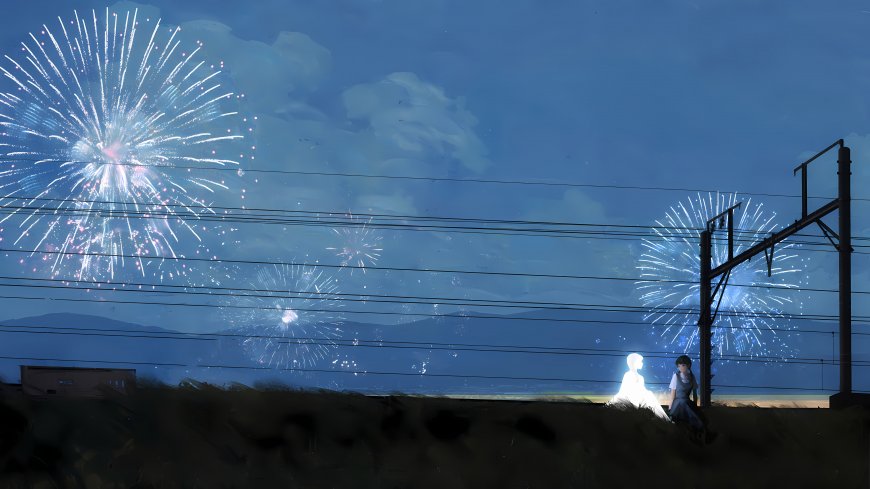 烟花少女铁轨旁静谧夜晚动漫电脑壁纸