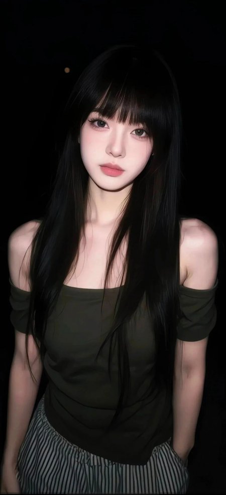 黑发齐刘海女生暗背景露肩上衣写真人物手机壁纸