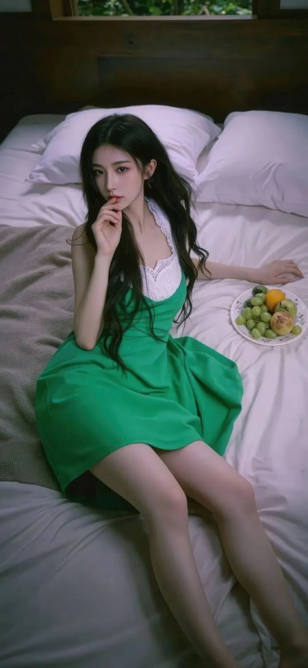 绿裙女性床上水果盘清新生活人物手机壁纸