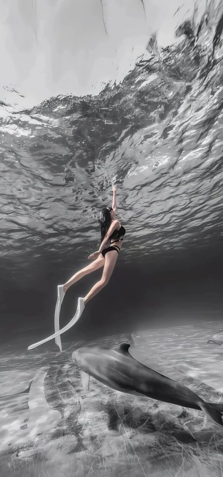 女子与海豚水下共舞黑白艺术人物手机壁纸