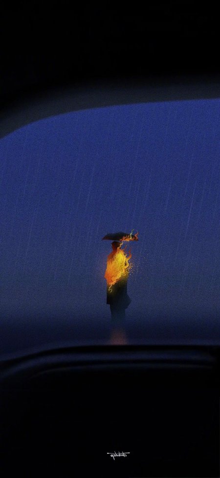 雨中火焰人撑伞奇幻创意手机壁纸