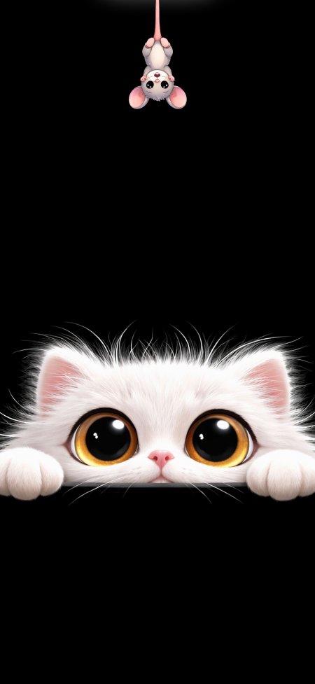 白色猫咪与大眼老鼠卡通萌宠创意手机壁纸