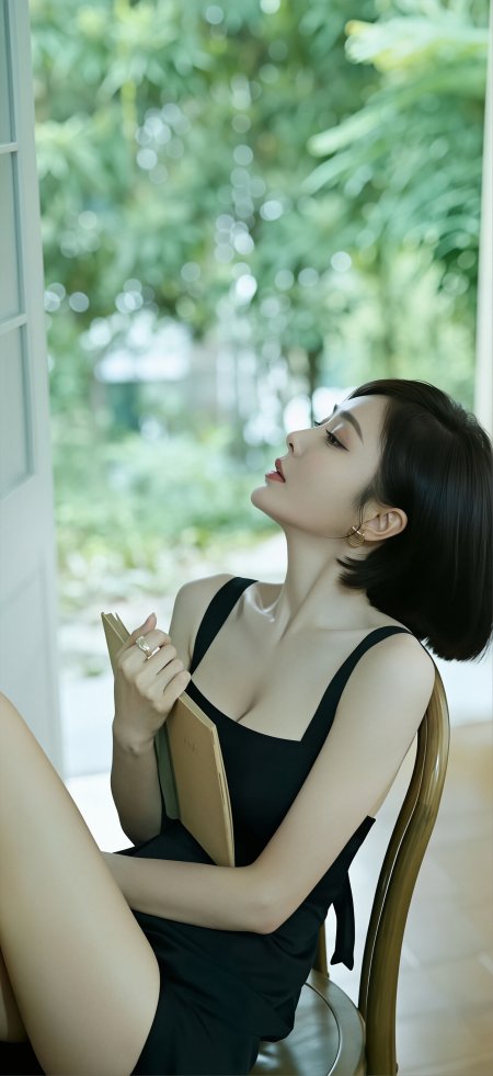 黑发女性黑色吊带裙窗边阅读写真人物手机壁纸