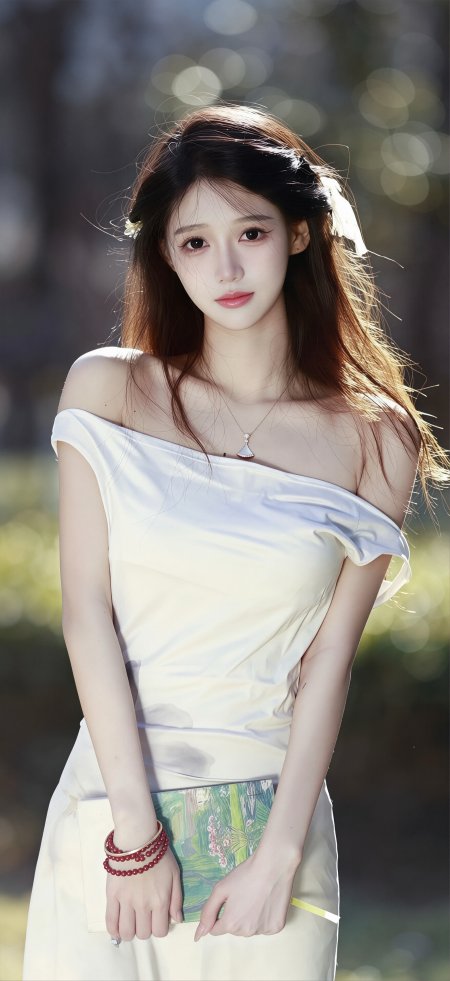 白裙女子手持画册户外阳光下温柔写真人物手机壁纸