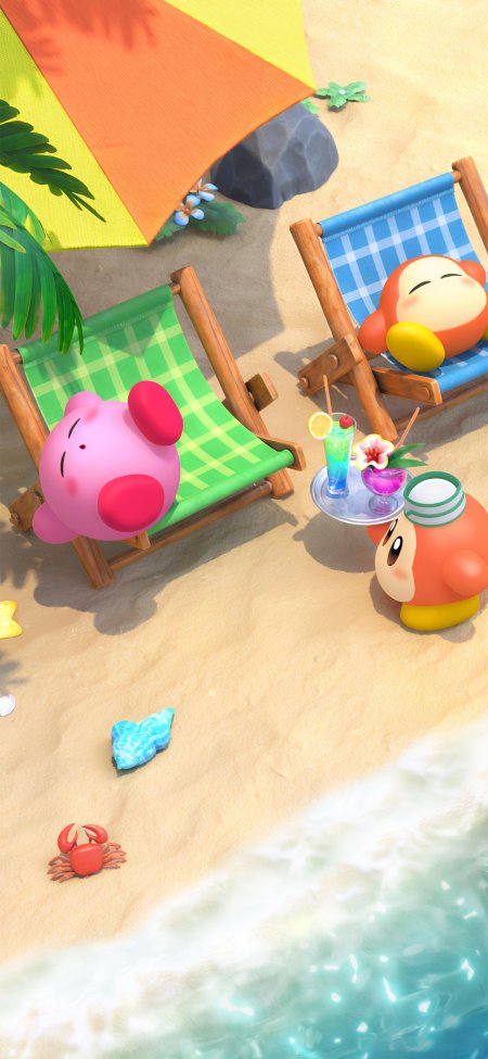 星之卡比与伙伴沙滩度假休闲场景动漫手机壁纸