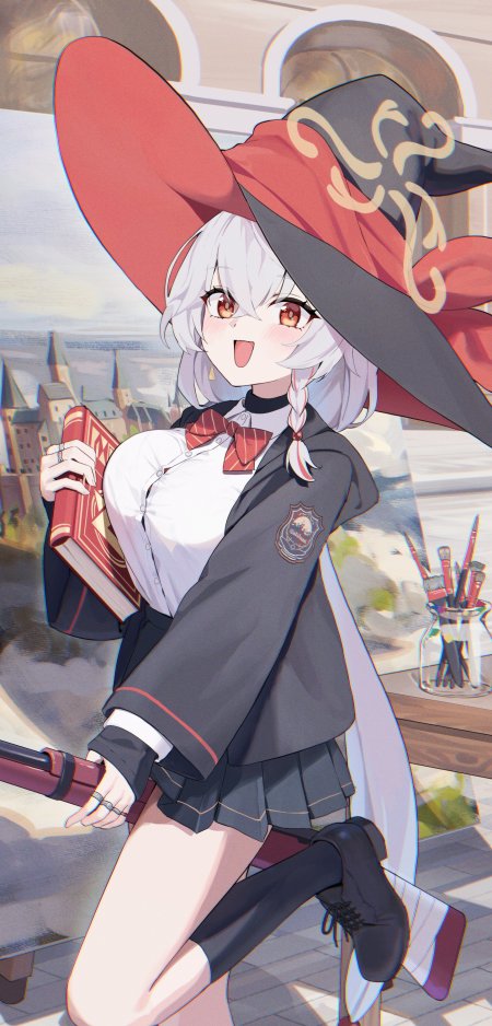 魔女红帽白短发少女持书活泼动漫手机壁纸