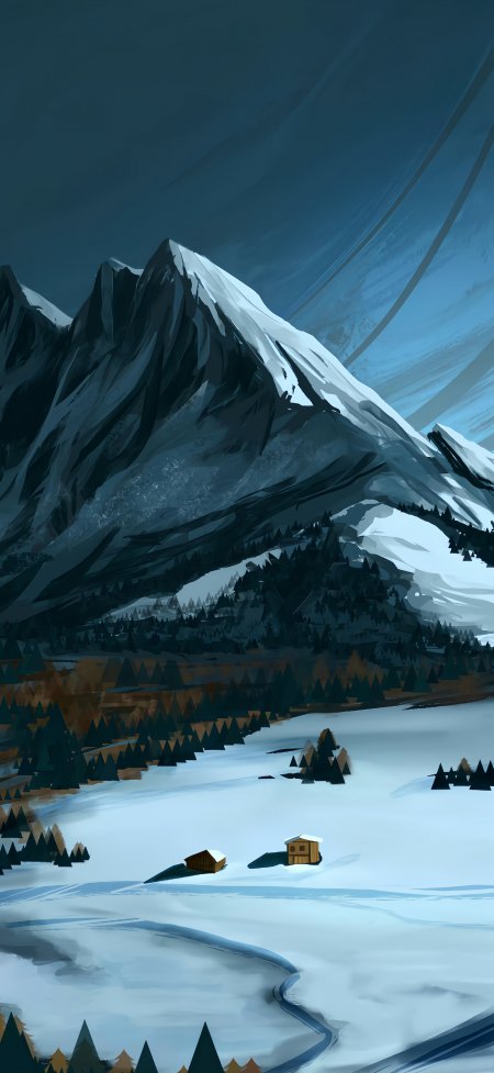 雪山森林小木屋冬季风景手机壁纸
