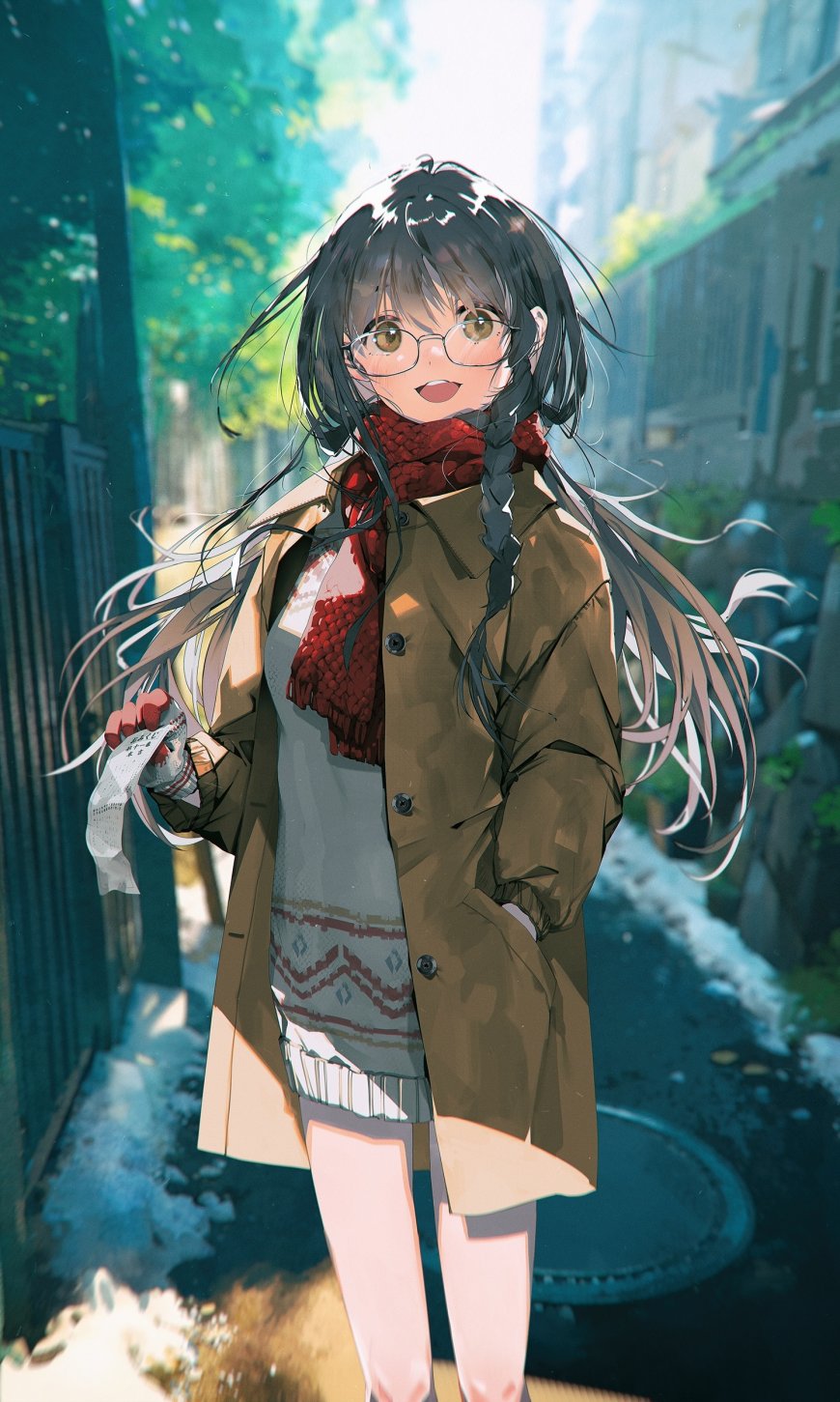 双马尾眼镜女孩冬日街景动漫手机壁纸