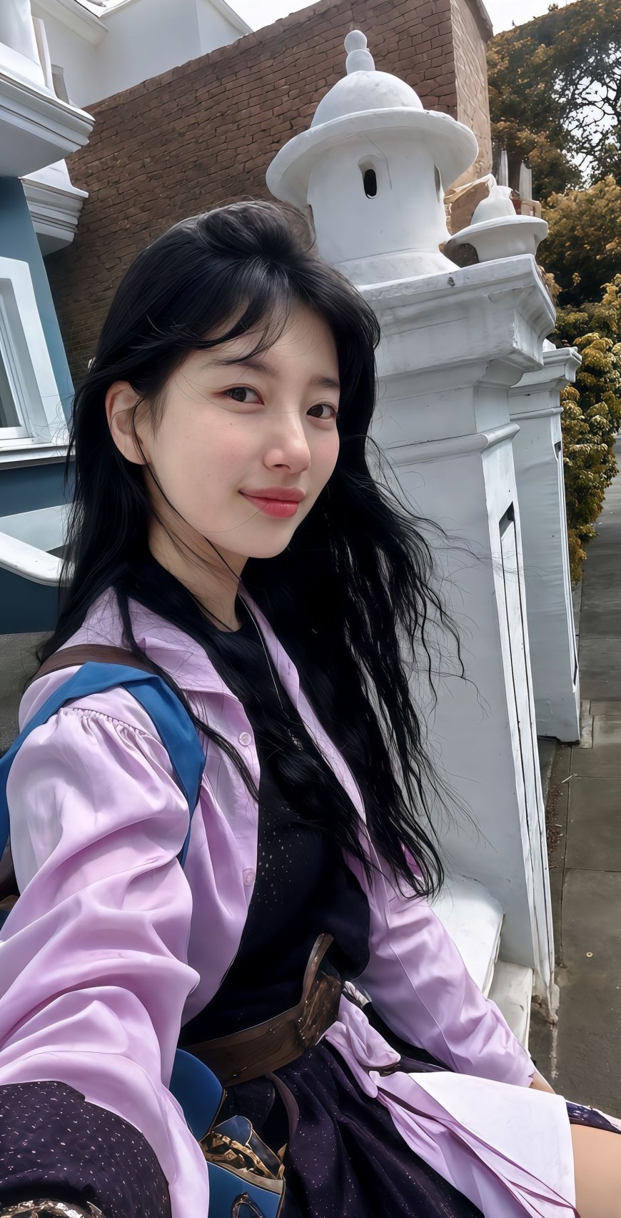 韩国女明星裴秀智身穿淡紫色衬衫清新手机壁纸