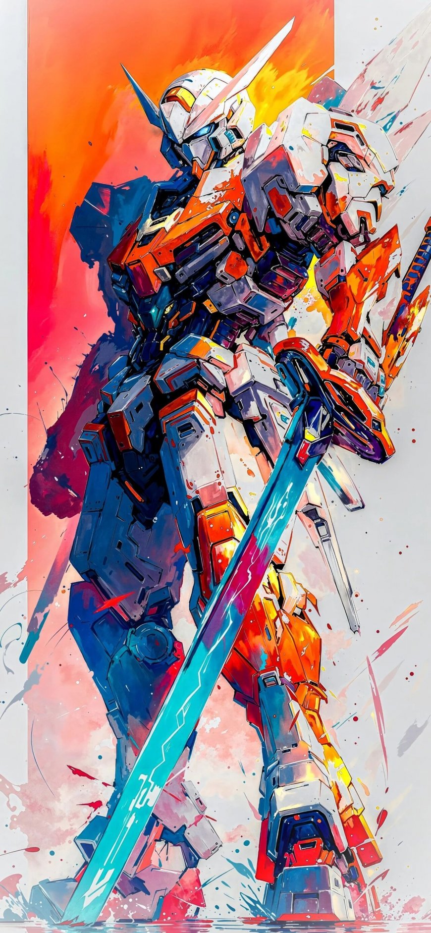 高达机甲持剑泼墨色彩渲染动漫手机壁纸