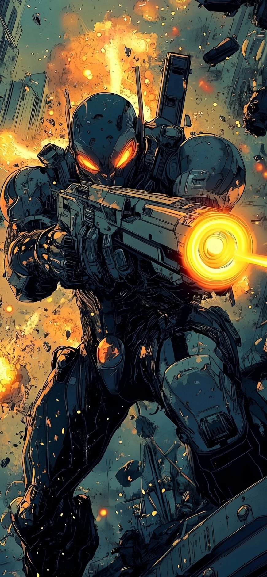 黑色机甲战士持枪射击科幻战斗动漫手机壁纸