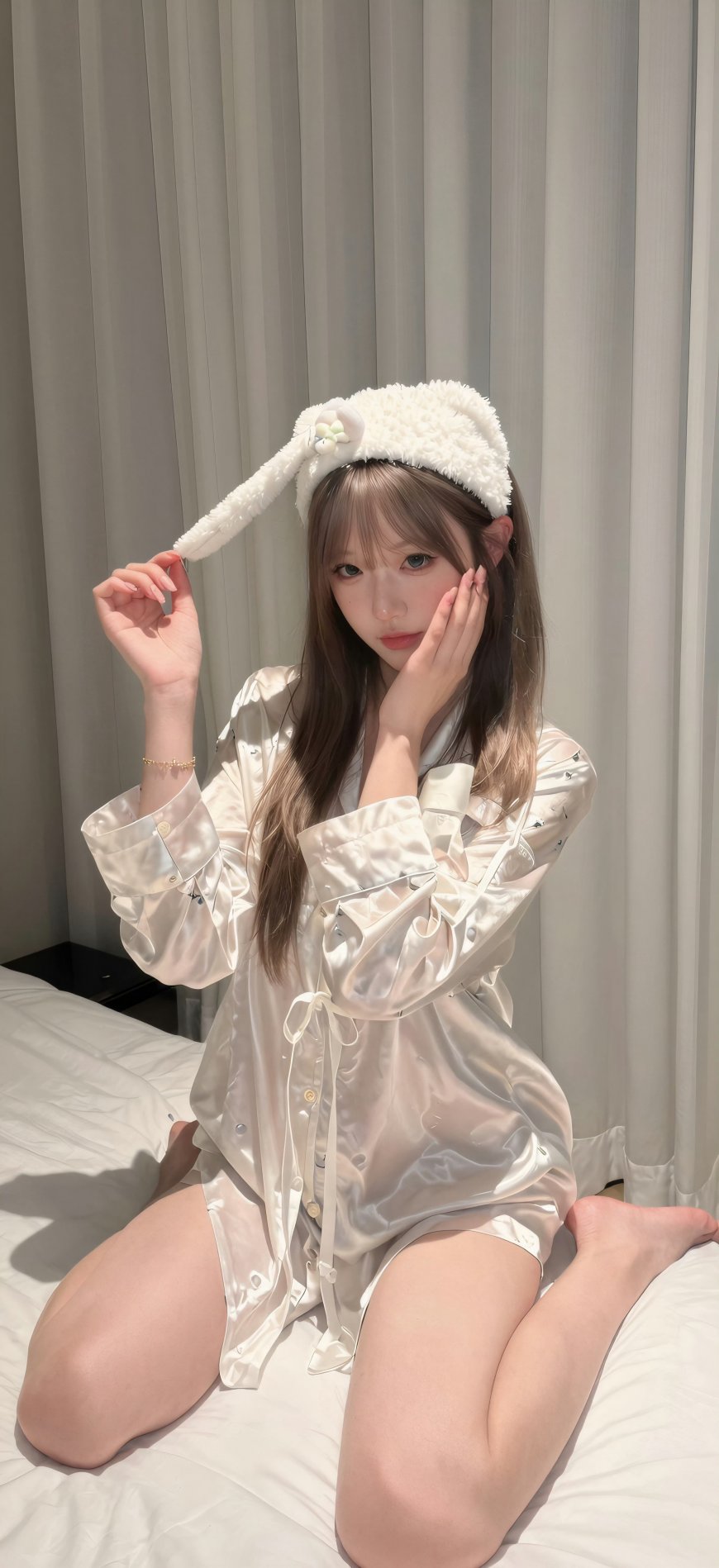 戴兔耳发箍女子穿丝绸睡衣床上自拍人物手机壁纸