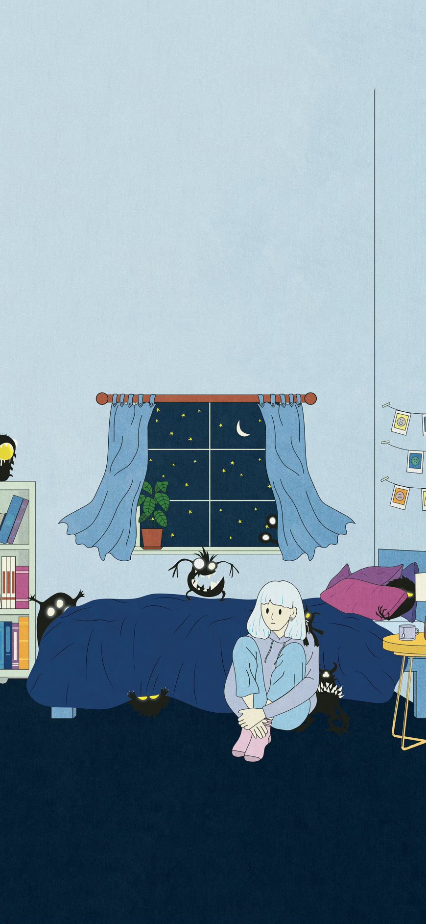 白发女孩卧室床边夜晚怪兽插画动漫手机壁纸