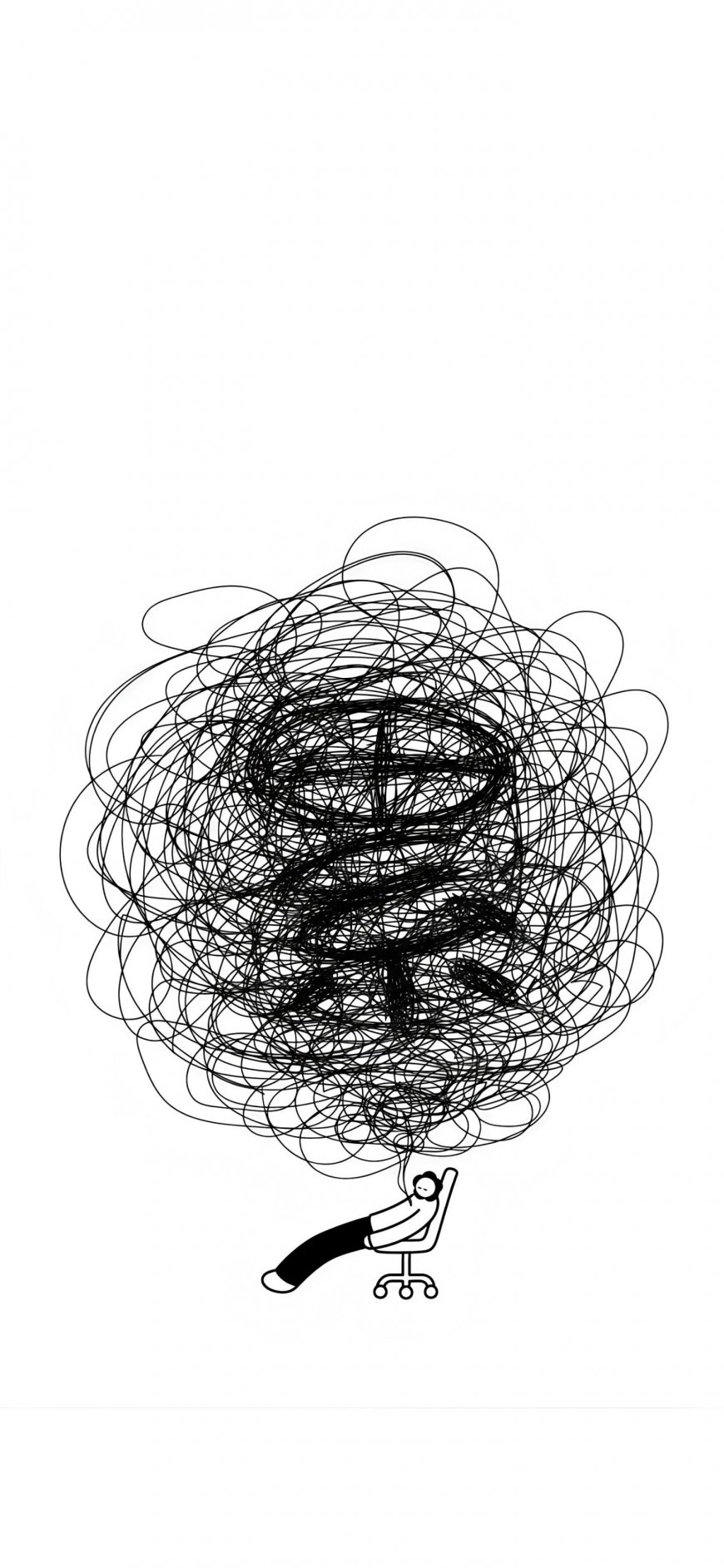 乱线团中人物躺椅疲惫插画情绪表达创意手机壁纸
