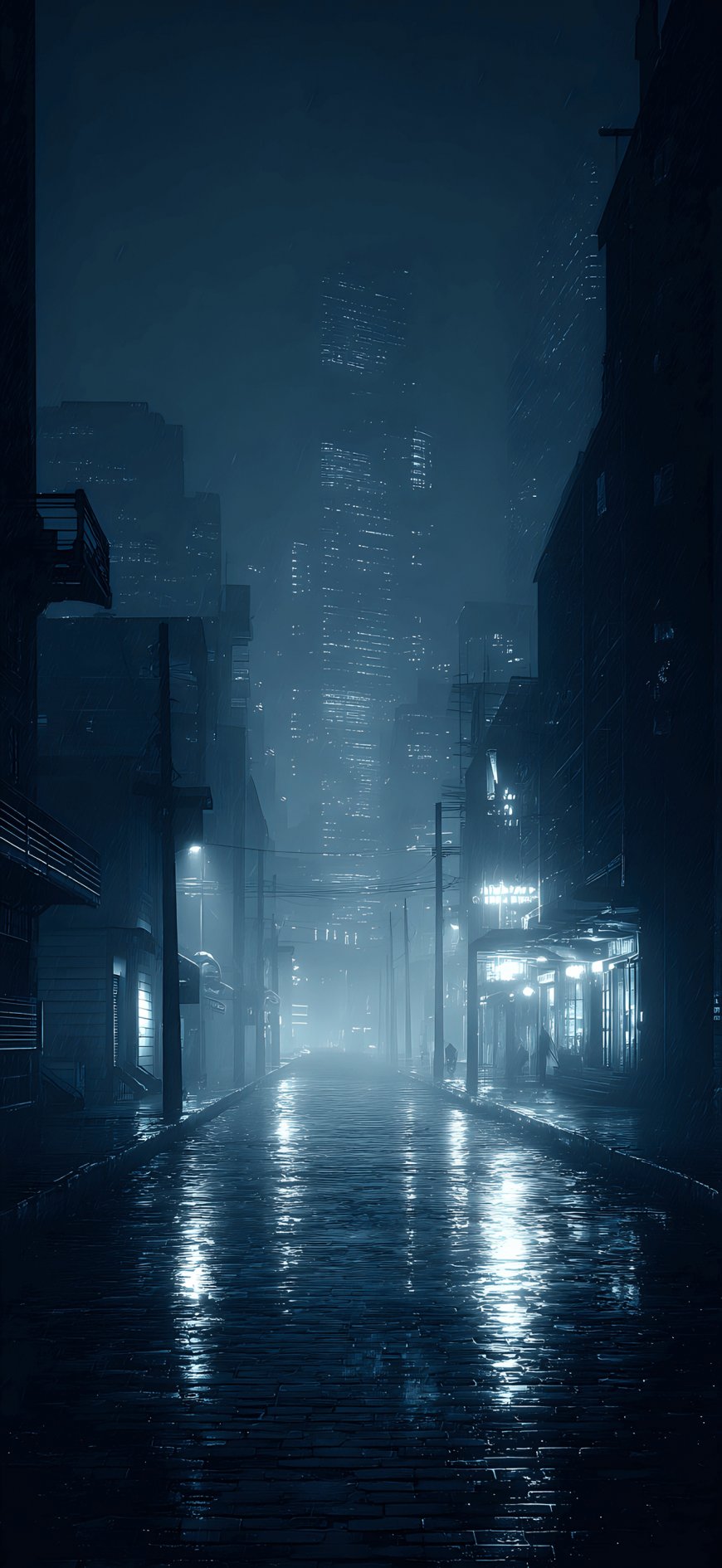 雨夜城市街道灯光倒影建筑风景手机壁纸
