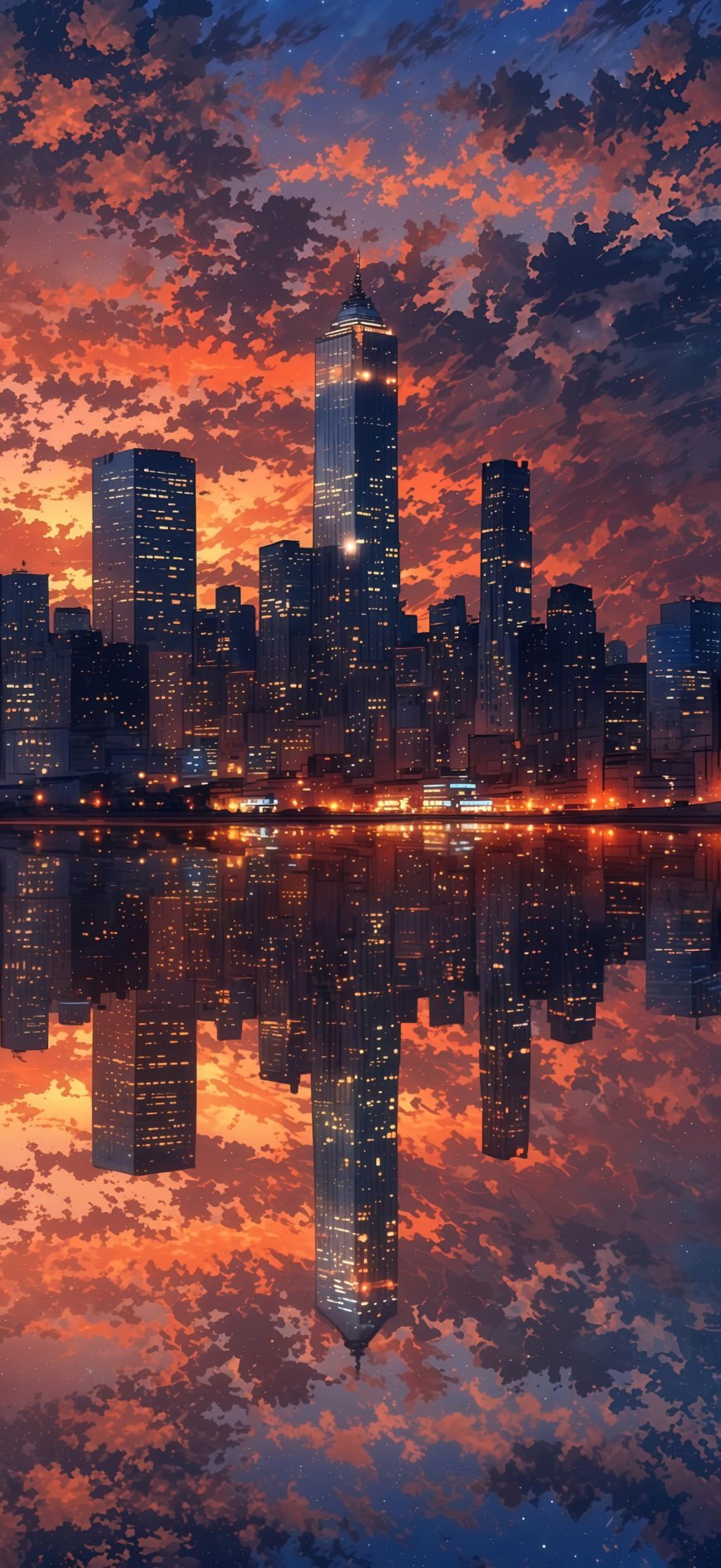 都市天际线晚霞倒影对称构图梦幻城市风景手机壁纸