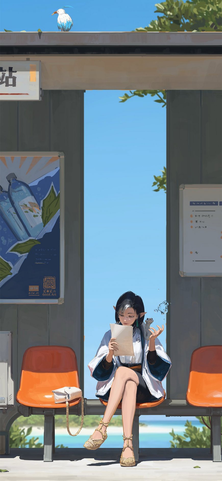 动漫女孩车站阅读海边背景清新动漫手机壁纸